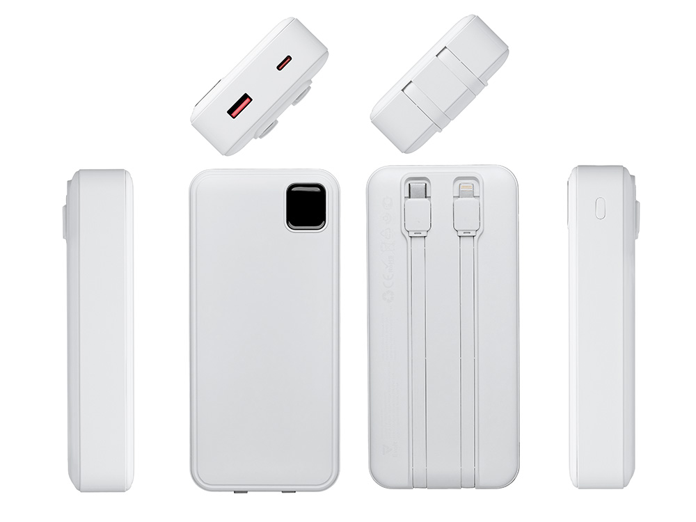 Внешний аккумулятор со встроенными кабелями Фрэйм Про, быстрая зарядка, 20000мач